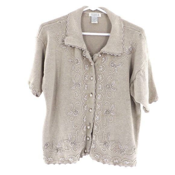Vintage Sellecca Embellished Knit Cardigan Women L Cream Grannycore Cottage Twee - Picture 1 of 11